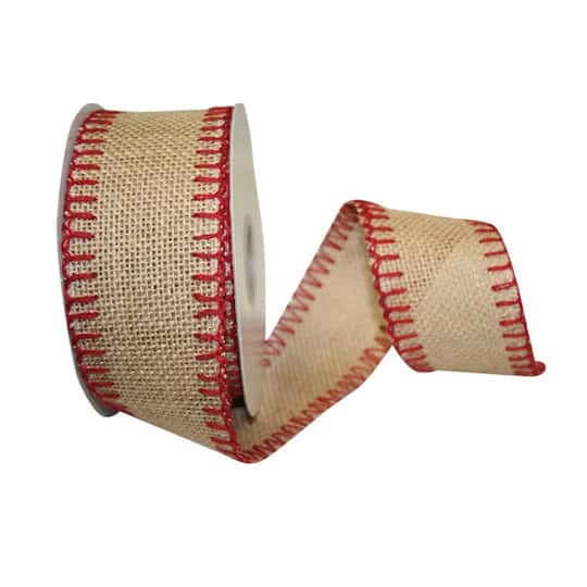 JAM Paper 2.5&#x22; Natural &#x26; Red Stitched Burlap Wired Ribbon